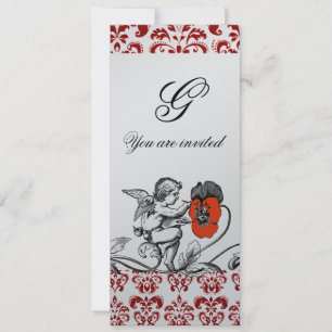Invitation ANGE PEINTURE FLEUR ROUGE DAMAS MONOGRAMME argent