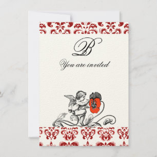 Invitation ANGE PEINTURE MONOGRAMME EN DAMAS DE FLEUR ROUGE f
