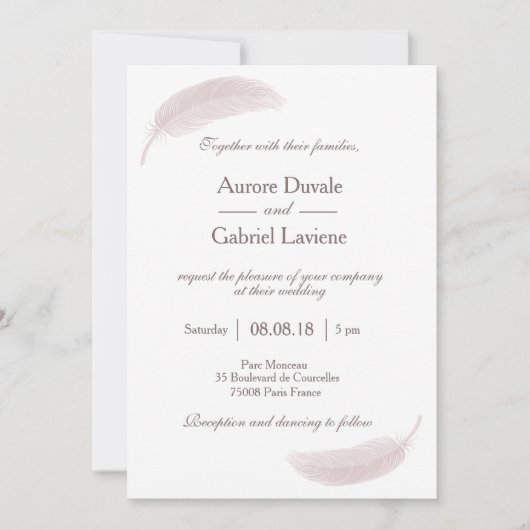 Invitation Ange plume rose pâle blanc élégant mariage (Devant)
