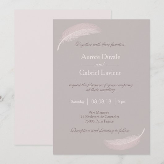 Invitation Ange plume rose rousse taupe élégant mariage (Devant / Derrière)