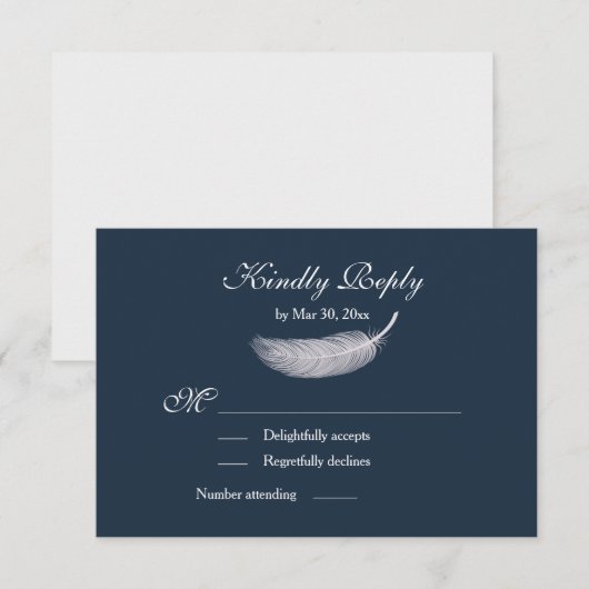 Invitation Angel Feather Marine Bleu Blanc Mariage RSVP (Devant / Derrière)