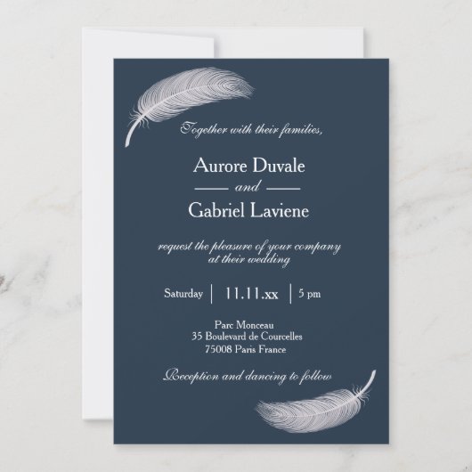 Invitation Angel Plumes Marine Bleu Blanc Mariage Whimsical (Devant)