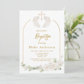 Invitation Angel Wings Cross Gold Baby Baptism (Debout devant)