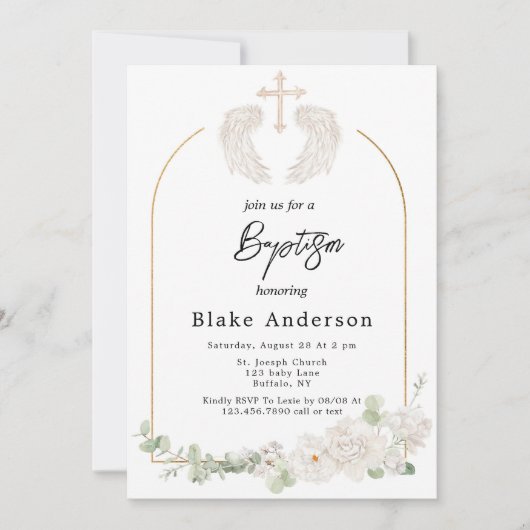 Invitation Angel Wings Cross Gold Baby Baptism (Devant)
