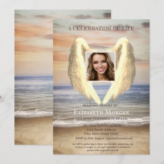 Invitation Angel Wings Ocean Beach Photo Fête De La Vie (Devant / Derrière)