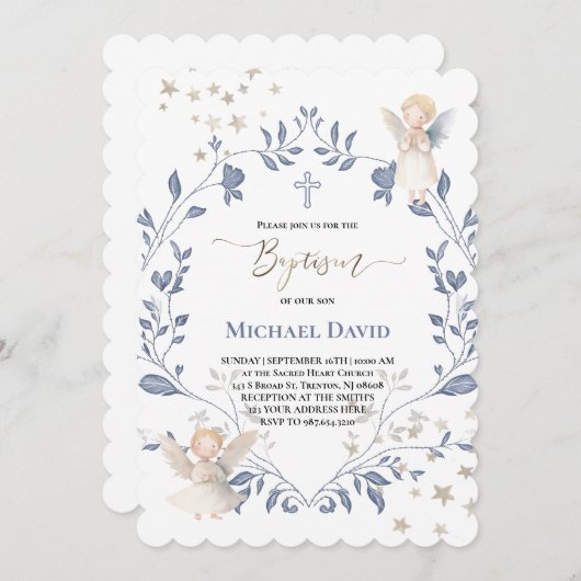 Invitation angels frame Baptism baby boy (Devant / Derrière)