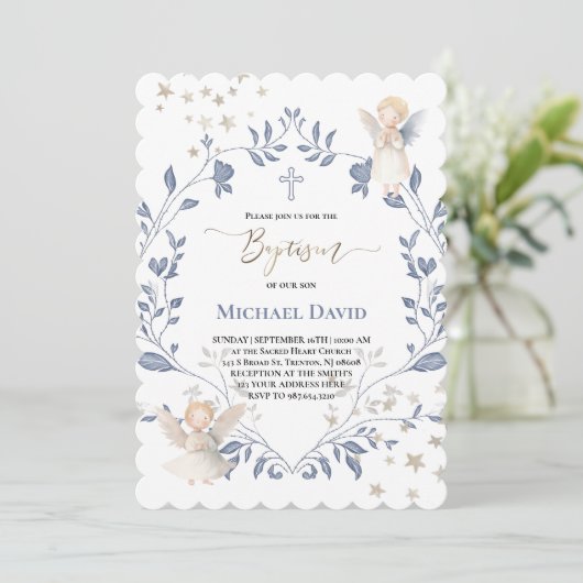 Invitation angels frame Baptism baby boy (Debout devant)