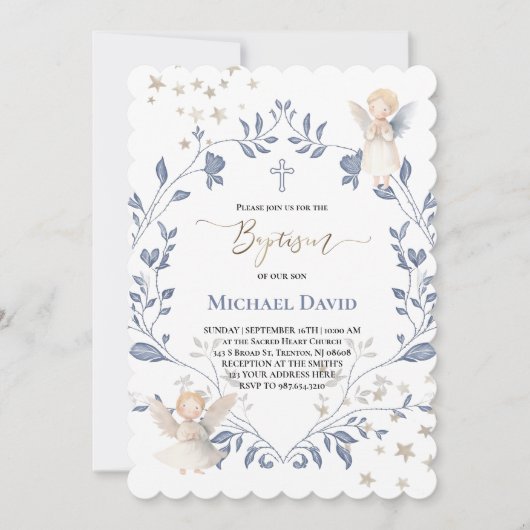 Invitation anges cadre Baptême bébé garçon (Devant)