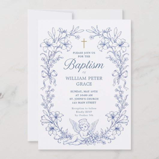 Invitation Anges Chérubins Vintage Baptême Bleu (Devant)