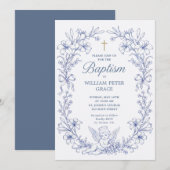 Invitation Anges Chérubins Vintage Baptême Bleu (Devant / Derrière)