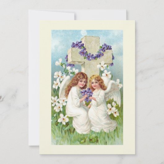 Invitation Anges Mignons Avec Croix Et Fleurs (Devant)