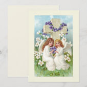 Invitation Anges Mignons Avec Croix Et Fleurs (Devant / Derrière)