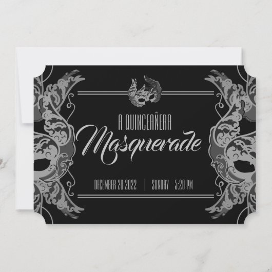 Invitation ANGLAIS quinceañera MASQUERADE billet blanc noir (Dos)