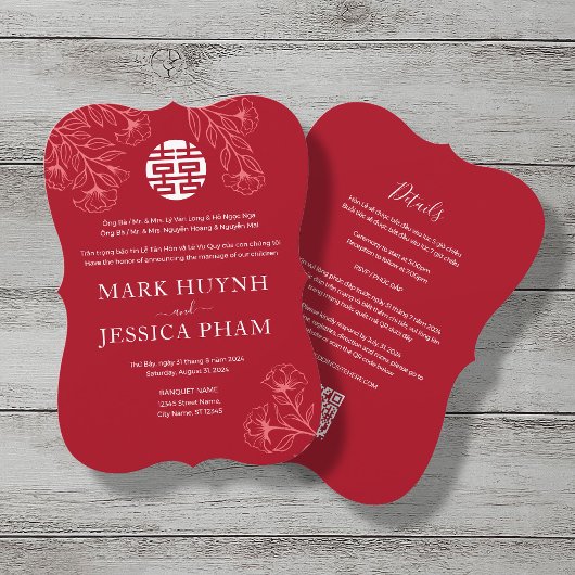 Invitation Anglais vietnamien bilingue Mariage floral rouge
