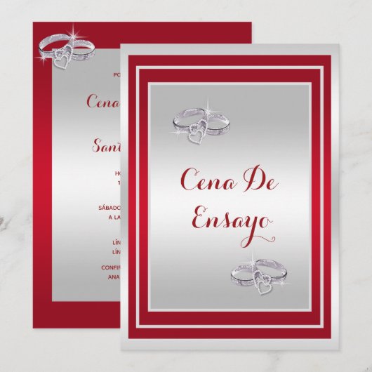 Invitation Anillos De Boda, De Plata Y Rojo Cena De Ensayo (Devant / Derrière)