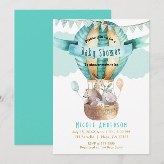 Invitation Animal Adventure Watercolor Baby shower Boho (Devant / Derrière)