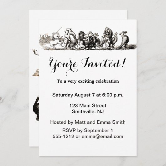 Invitation Animal Cute Art Unicorn Elephant Lion Zoo (Devant / Derrière)