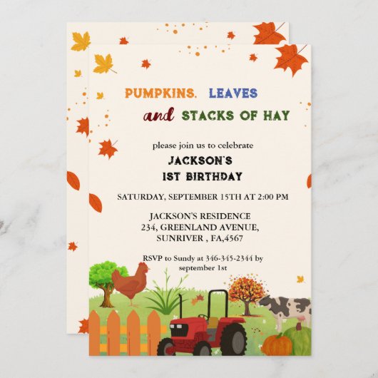 Invitation Animal de ferme chute Citrouille Garçon fête d'ann (Devant / Derrière)