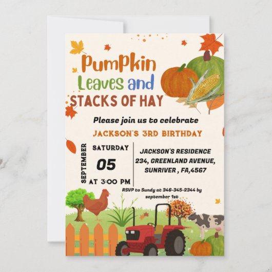 Invitation Animal de ferme chute Citrouille Garçon fête d'ann (Devant)