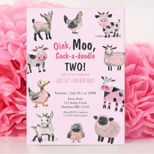 Invitation Animal de ferme Filles roses Deuxième anniversaire