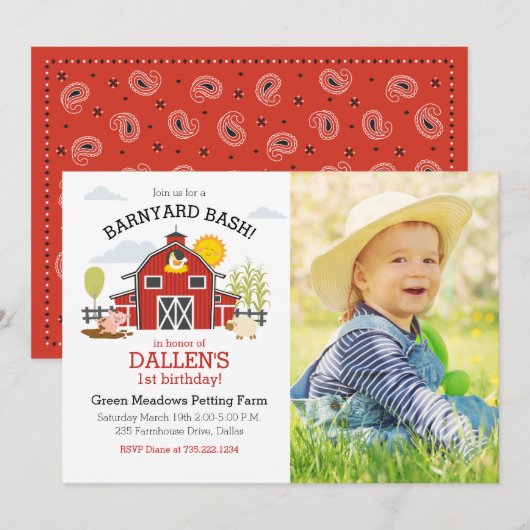 Invitation Animal de ferme photo 1er anniversaire (Devant / Derrière)
