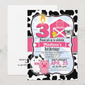 Invitation Animal de ferme rose et noir, Fête d'anniversaire (Devant / Derrière)