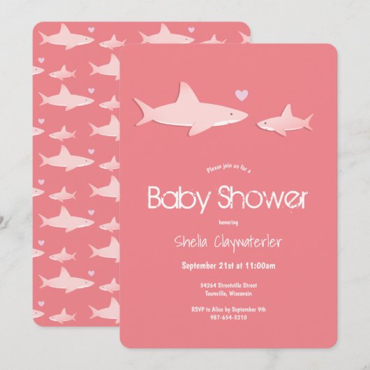 Invitation Animal de requin Baby shower rose (Devant / Derrière)