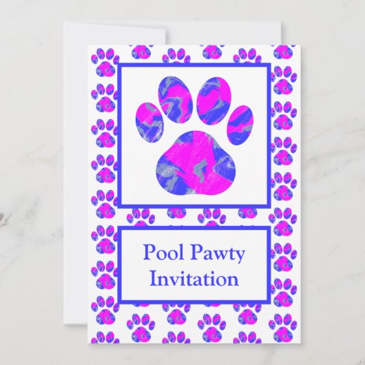 Invitation Animal Paw Rose Bleu Silhouette Pawty Bleu (Devant)