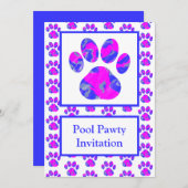 Invitation Animal Paw Rose Bleu Silhouette Pawty Bleu (Devant / Derrière)