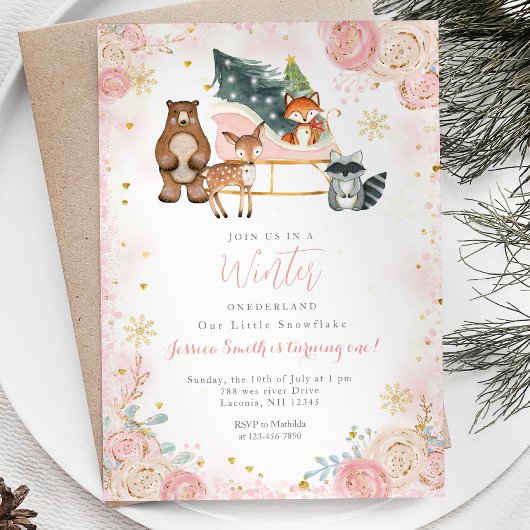 Invitation Animal Pink Winter Onederland 1er anniversaire