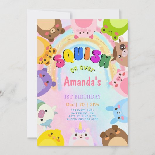 Invitation Animal Squish On Over rainbow  girl Birthday (Devant)