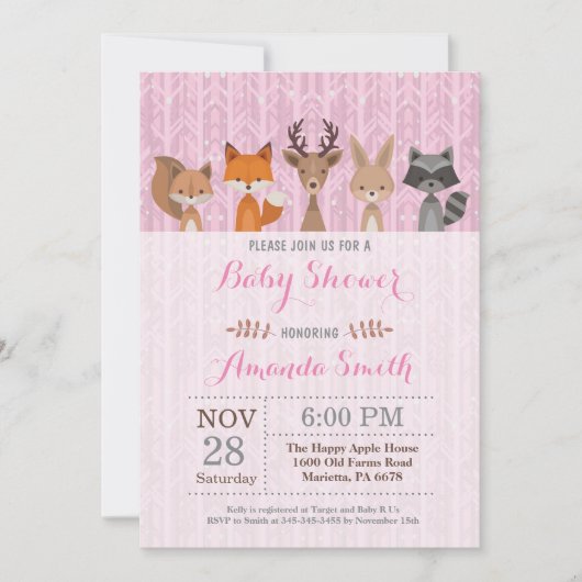 Invitation animale de baby shower de fille de (Devant)