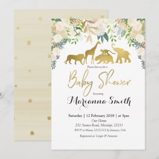 Invitation animale de baby shower de safari floral (Devant / Derrière)