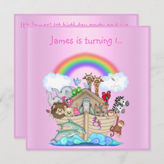 Invitation animale Noahs ark PINK 2 (Devant / Derrière)