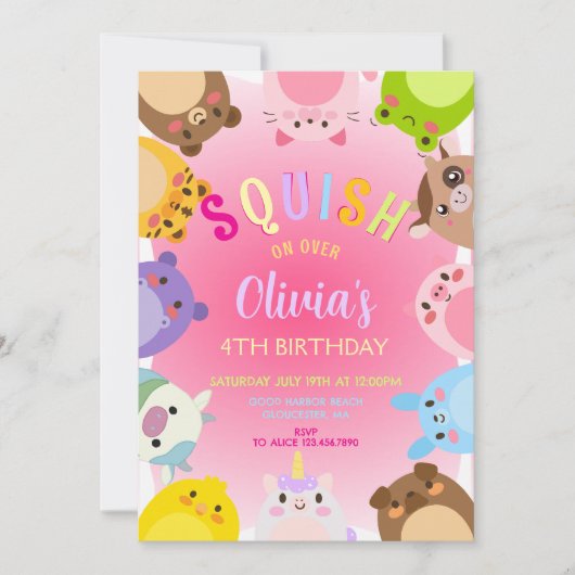 Invitation Animals Squish Girl Birthday party (Devant)