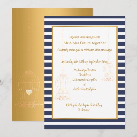 INVITATION ANIMATION RUSTIQUE BLANCHE MARINE GOLD STRIPE 2 MA (Devant / Derrière)