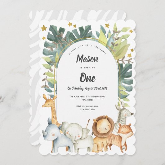 Invitation Animaux à thème, safari dans la jungle garçon ou f (Devant / Derrière)