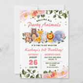 Invitation Animaux amis Rose Flore verdure Anniversaire (Devant)