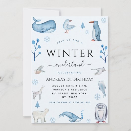 Invitation Animaux arctiques Blue Winter Onederland 1er anniv (Devant)