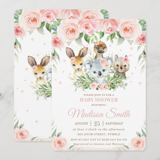 Invitation Animaux australiens Baby shower floral rose (Devant / Derrière)