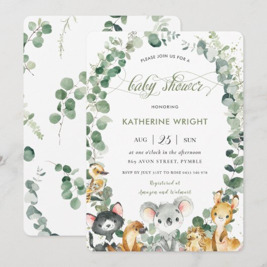 Invitation Animaux australiens Eucalyptus Baby shower de verd (Devant / Derrière)