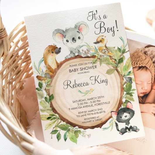 Invitation Animaux australiens Koala Baby shower Neutre Garço