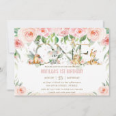 Invitation Animaux australiens rose floral un 1er anniversair (Devant)