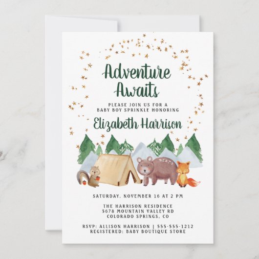 Invitation Animaux boisés rustiques Aventure Bébé Parsemer (Devant)