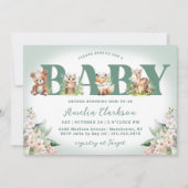 Invitation Animaux boisés Vert doux et Baby shower floral (Devant)