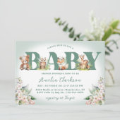 Invitation Animaux boisés Vert doux et Baby shower floral (Debout devant)