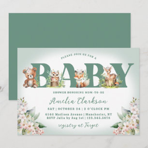 Invitation Animaux boisés Vert doux et Baby shower floral