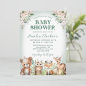 Invitation Animaux boisés Vert doux et Baby shower floral (Debout devant)