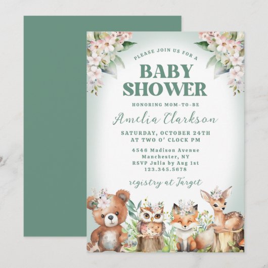 Invitation Animaux boisés Vert doux et Baby shower floral (Devant / Derrière)