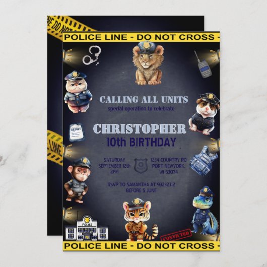 Invitation Animaux dans la police Anniversaire uniforme (Devant / Derrière)
